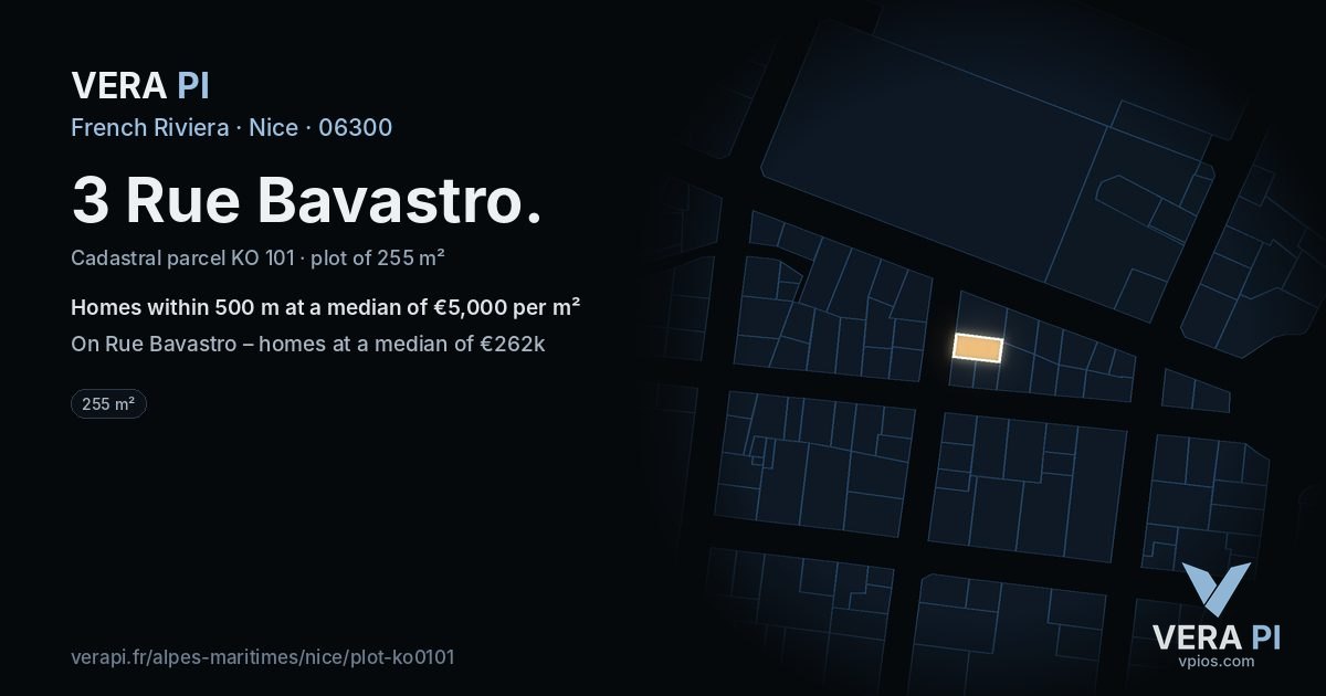 3 Rue Bavastro, Nice at night – the plot lit, the parcels around coloured by the prices near them