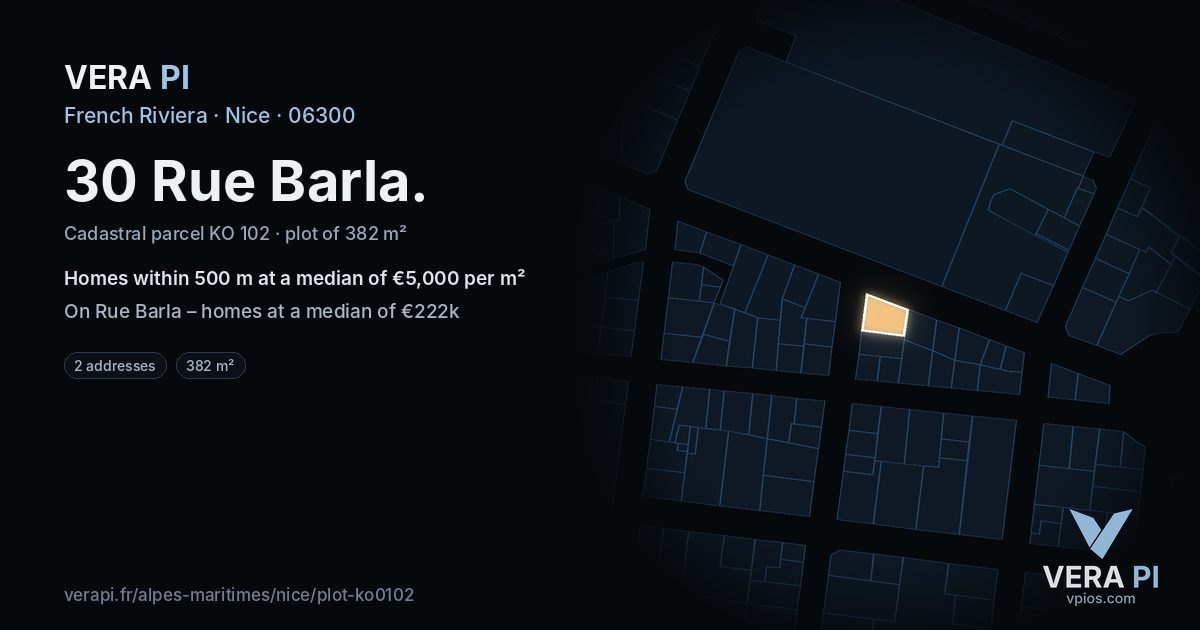30 Rue Barla, Nice at night – the plot lit, the parcels around coloured by the prices near them