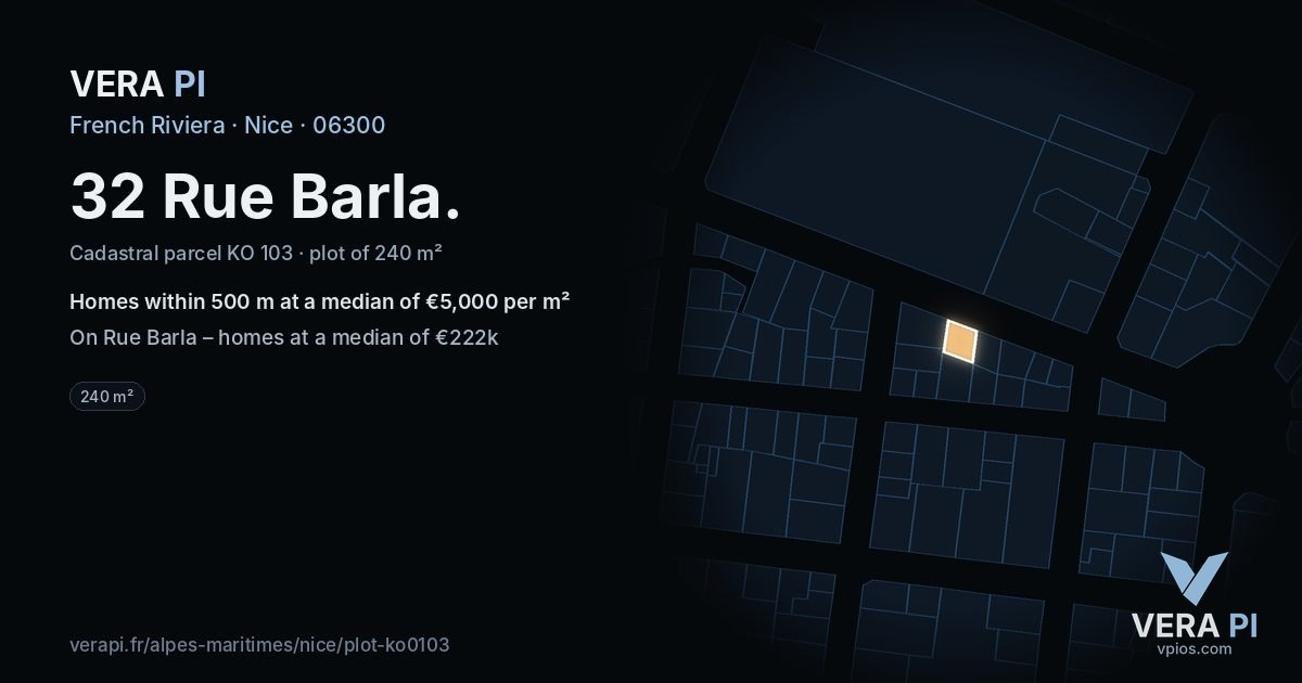 32 Rue Barla, Nice at night – the plot lit, the parcels around coloured by the prices near them