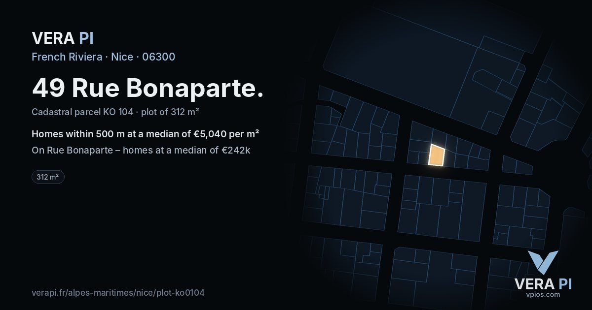 49 Rue Bonaparte, Nice at night – the plot lit, the parcels around coloured by the prices near them