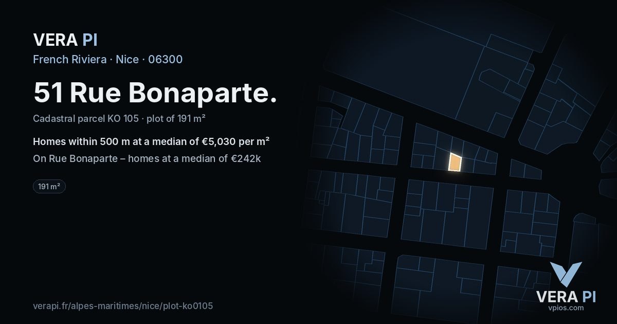 51 Rue Bonaparte, Nice at night – the plot lit, the parcels around coloured by the prices near them