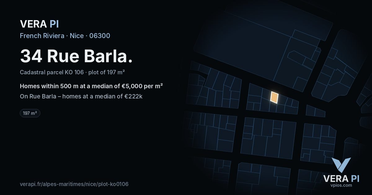 34 Rue Barla, Nice at night – the plot lit, the parcels around coloured by the prices near them