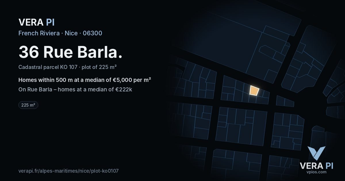36 Rue Barla, Nice at night – the plot lit, the parcels around coloured by the prices near them