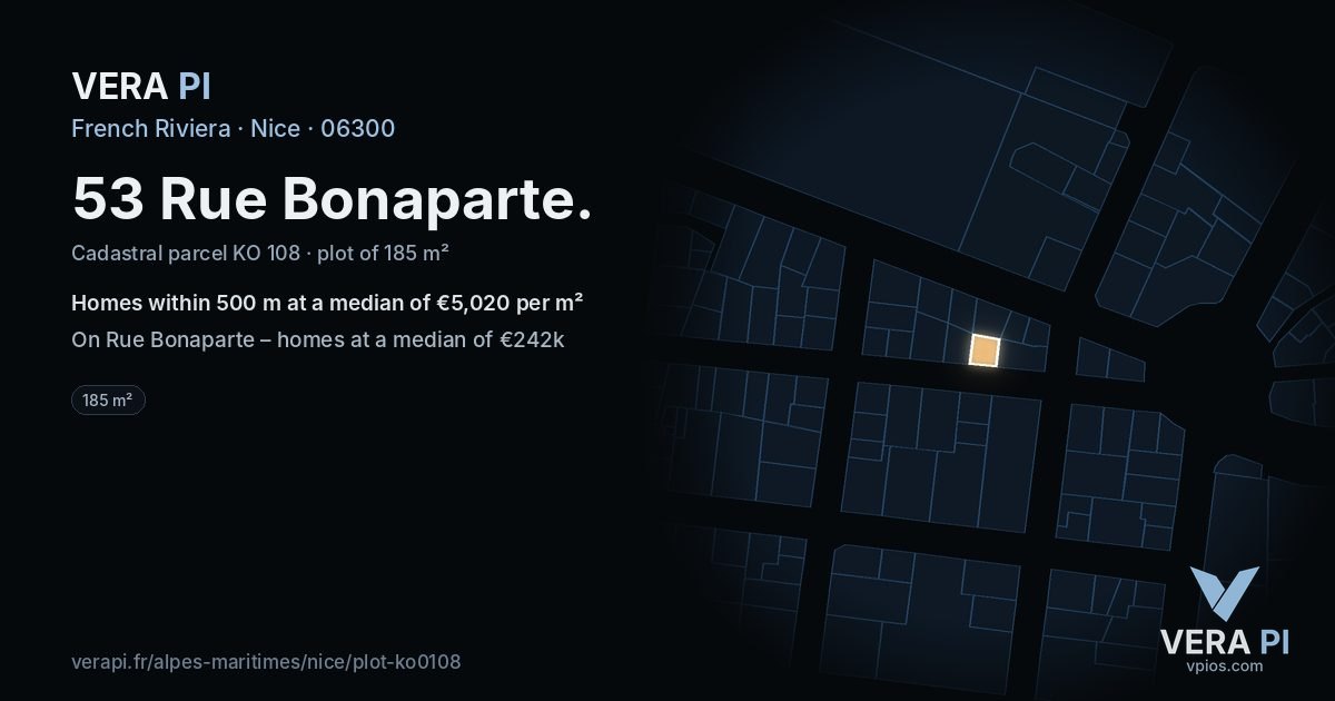 53 Rue Bonaparte, Nice at night – the plot lit, the parcels around coloured by the prices near them