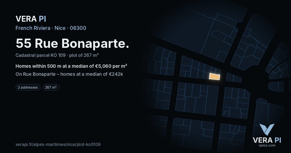 55 Rue Bonaparte, Nice at night – the plot lit, the parcels around coloured by the prices near them