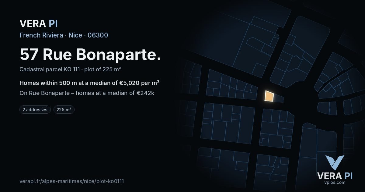 57 Rue Bonaparte, Nice at night – the plot lit, the parcels around coloured by the prices near them