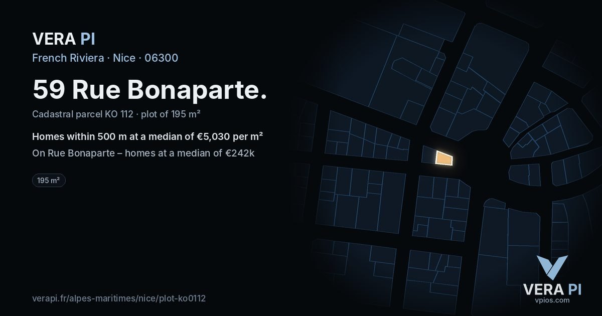 59 Rue Bonaparte, Nice at night – the plot lit, the parcels around coloured by the prices near them