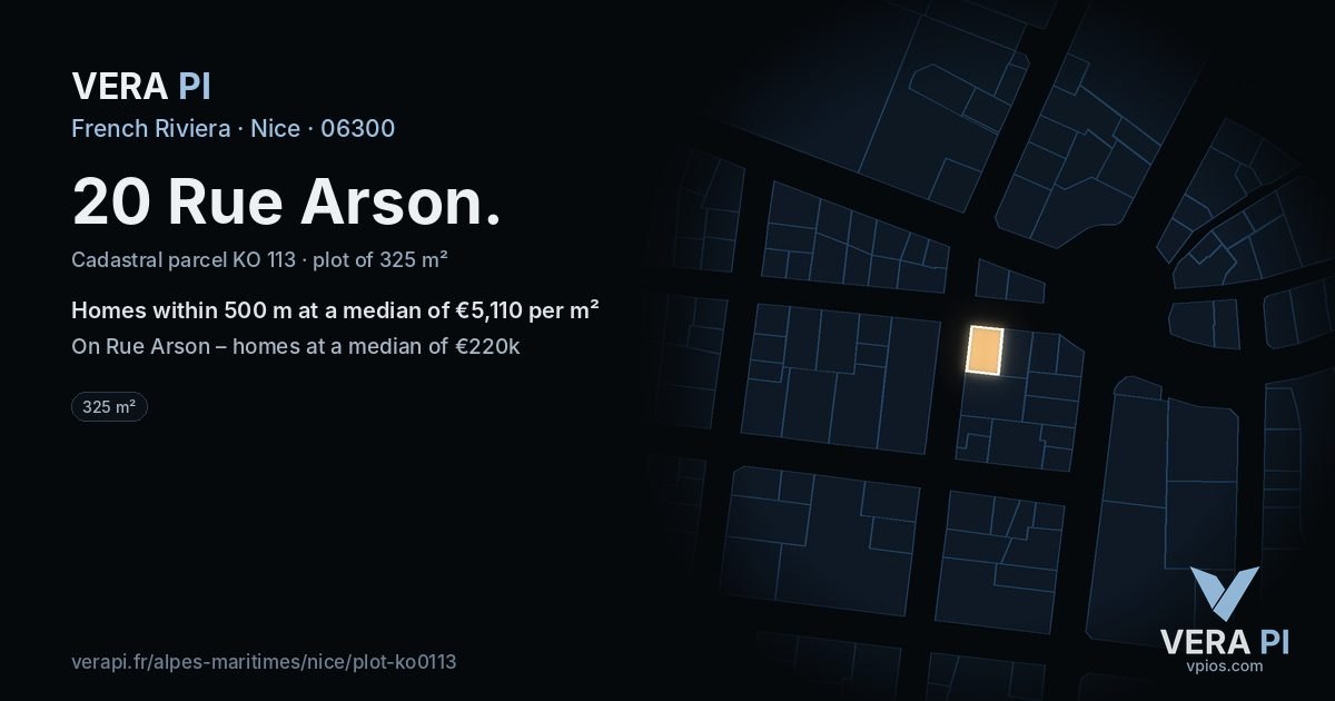 20 Rue Arson, Nice at night – the plot lit, the parcels around coloured by the prices near them