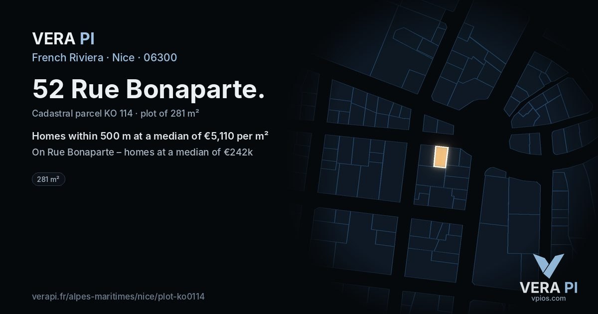 52 Rue Bonaparte, Nice at night – the plot lit, the parcels around coloured by the prices near them