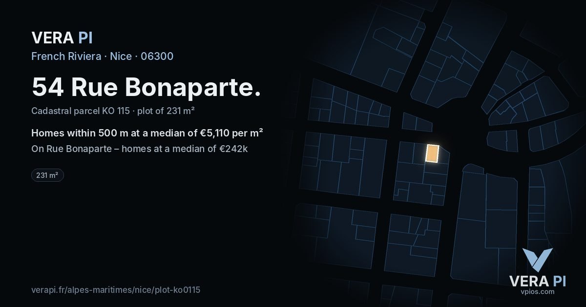 54 Rue Bonaparte, Nice at night – the plot lit, the parcels around coloured by the prices near them