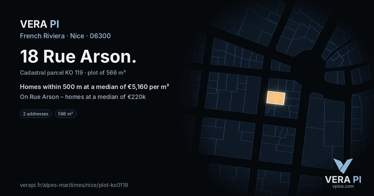 18 Rue Arson, Nice at night – the plot lit, the parcels around coloured by the prices near them