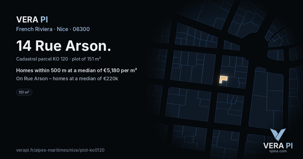 14 Rue Arson, Nice at night – the plot lit, the parcels around coloured by the prices near them