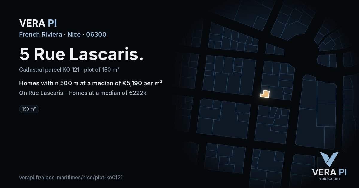 5 Rue Lascaris, Nice at night – the plot lit, the parcels around coloured by the prices near them