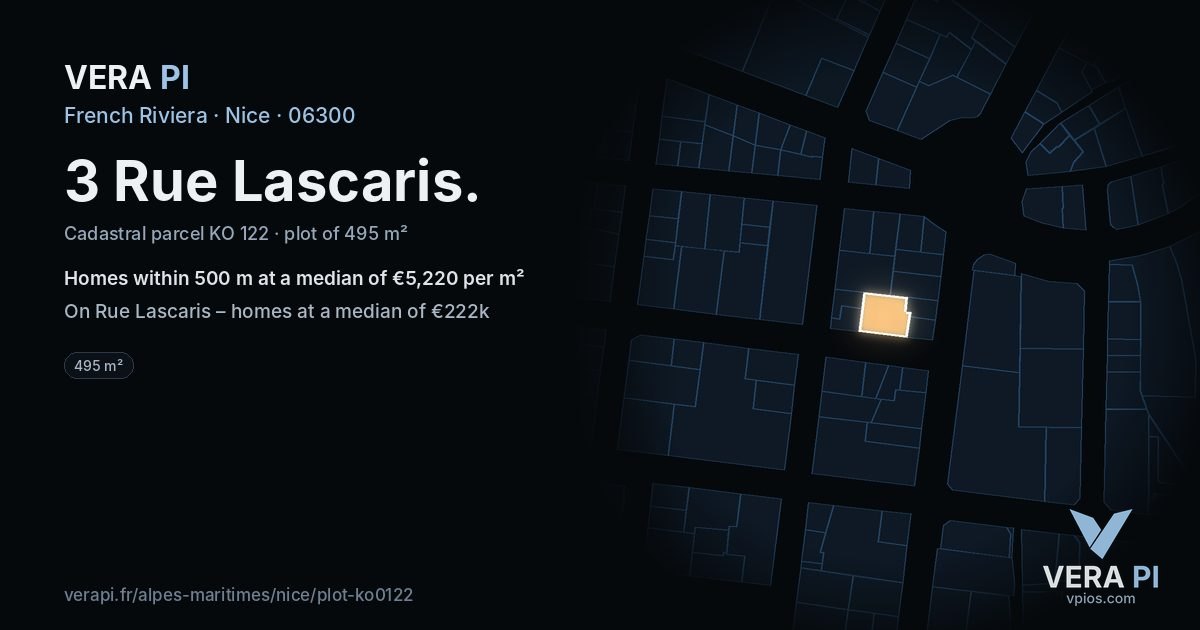 3 Rue Lascaris, Nice at night – the plot lit, the parcels around coloured by the prices near them