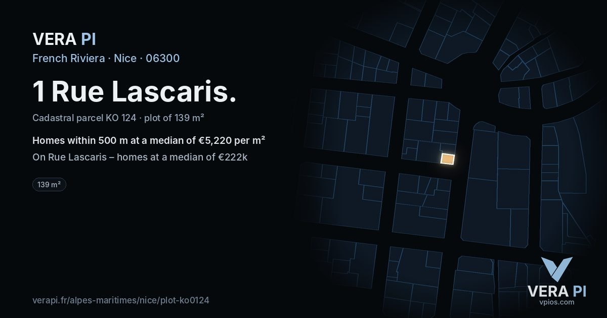 1 Rue Lascaris, Nice at night – the plot lit, the parcels around coloured by the prices near them