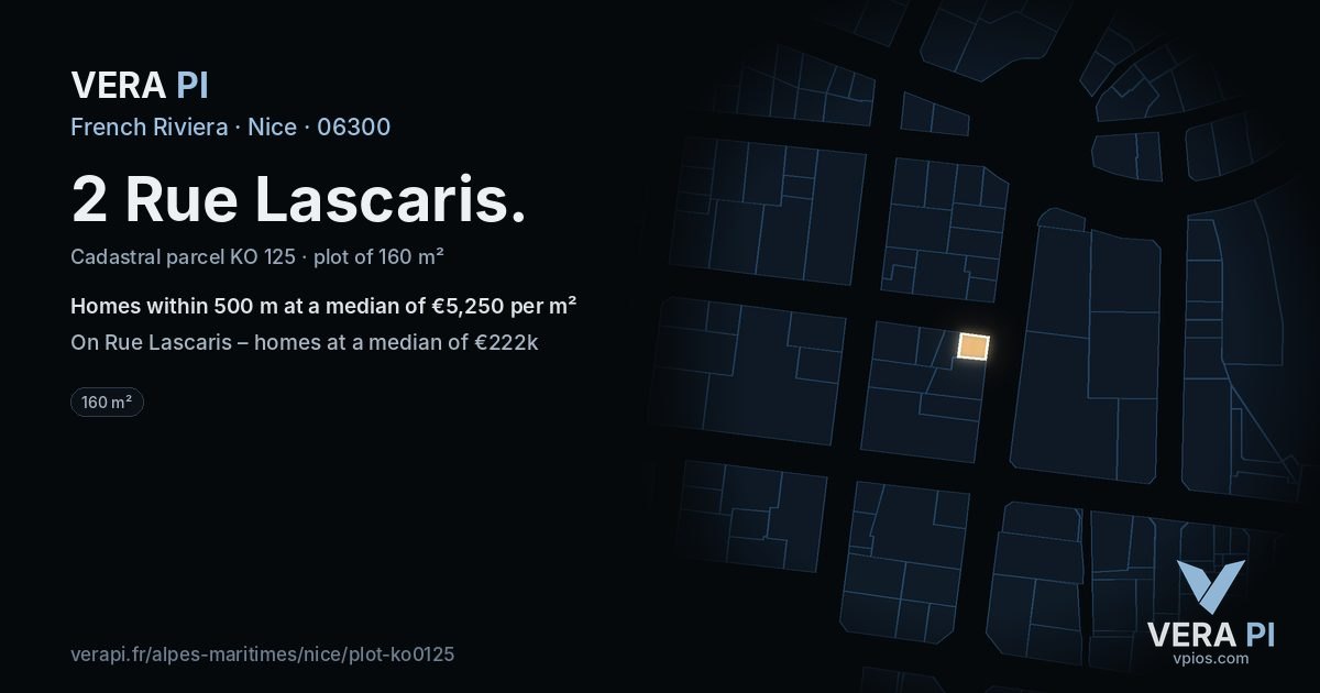 2 Rue Lascaris, Nice at night – the plot lit, the parcels around coloured by the prices near them