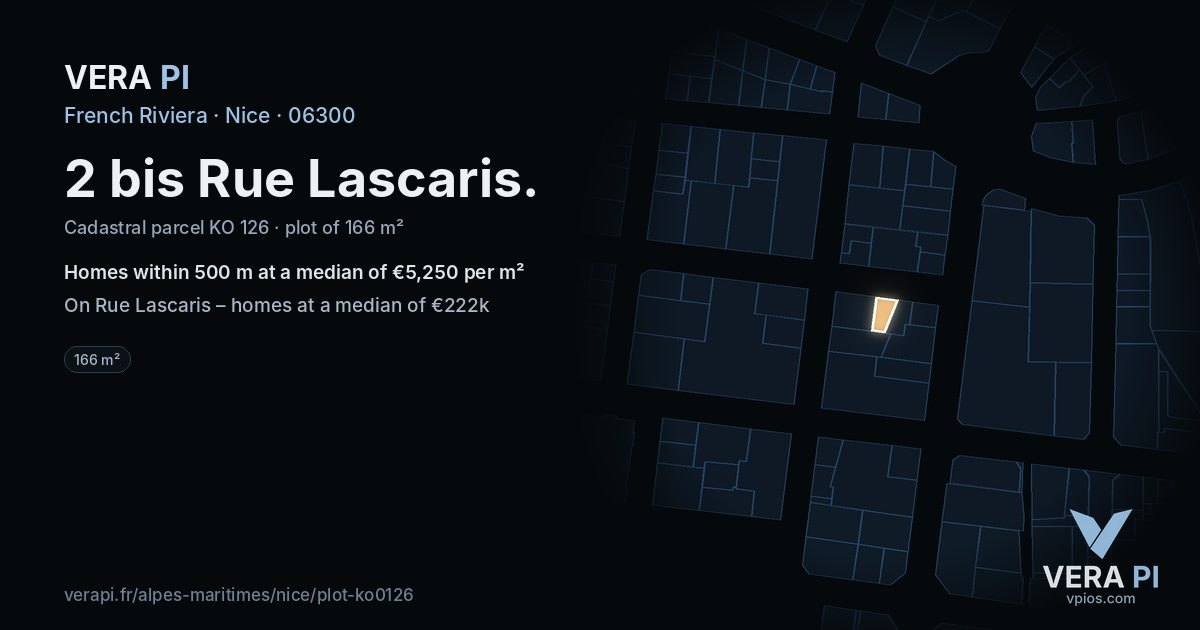2 bis Rue Lascaris, Nice at night – the plot lit, the parcels around coloured by the prices near them