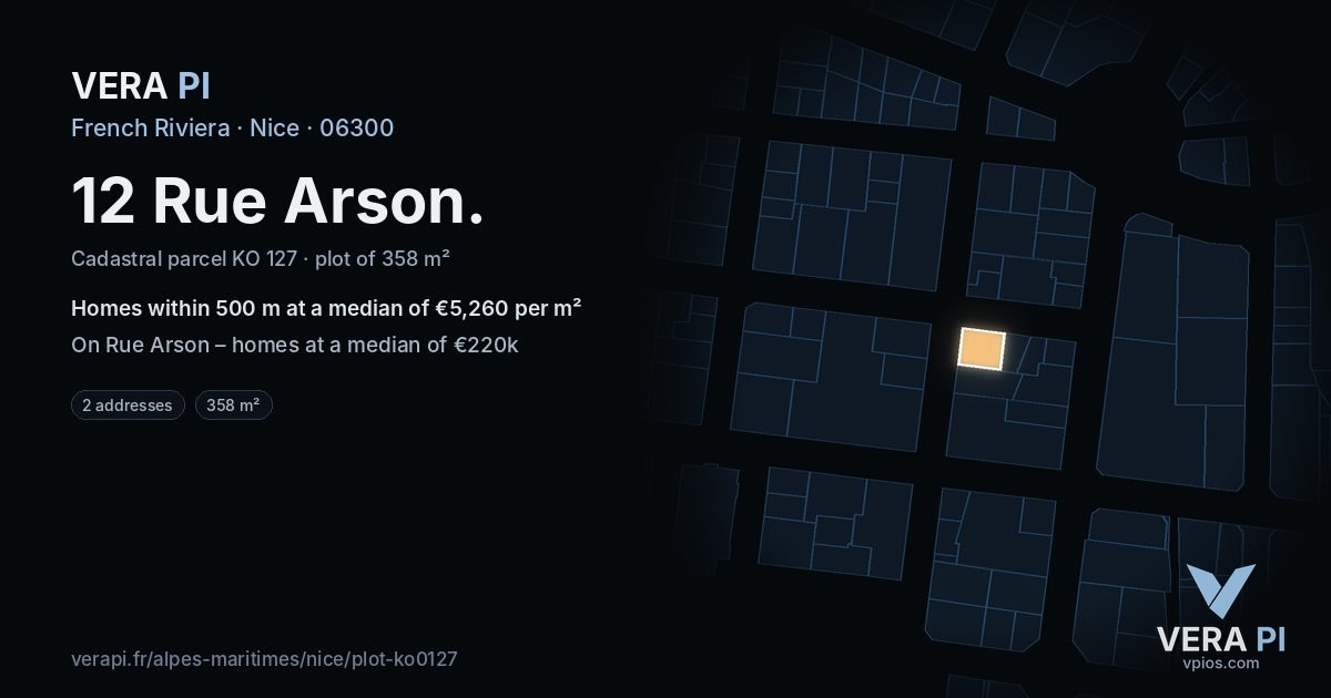 12 Rue Arson, Nice at night – the plot lit, the parcels around coloured by the prices near them