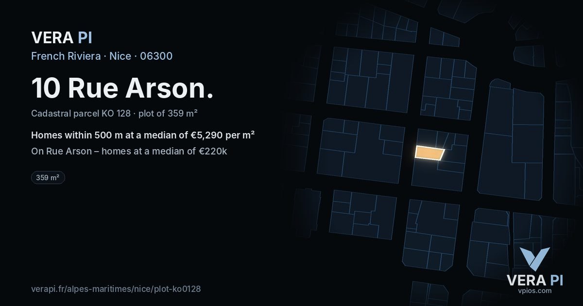 10 Rue Arson, Nice at night – the plot lit, the parcels around coloured by the prices near them
