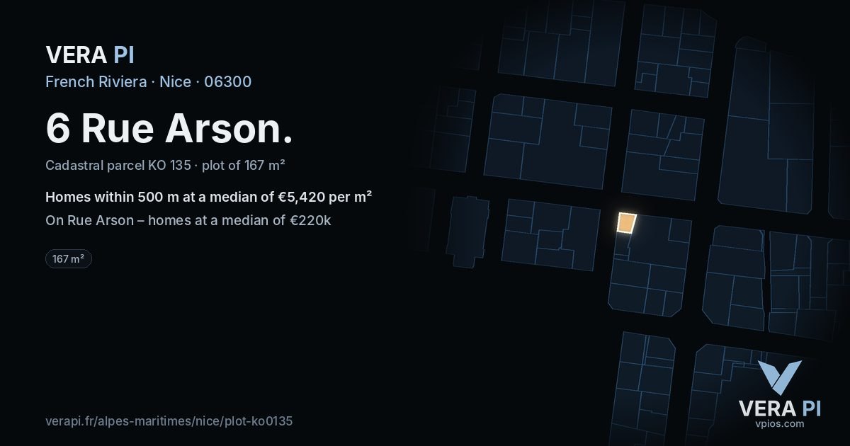 6 Rue Arson, Nice at night – the plot lit, the parcels around coloured by the prices near them