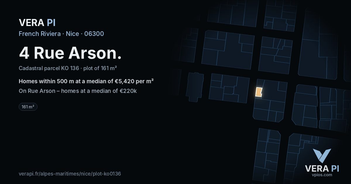4 Rue Arson, Nice at night – the plot lit, the parcels around coloured by the prices near them