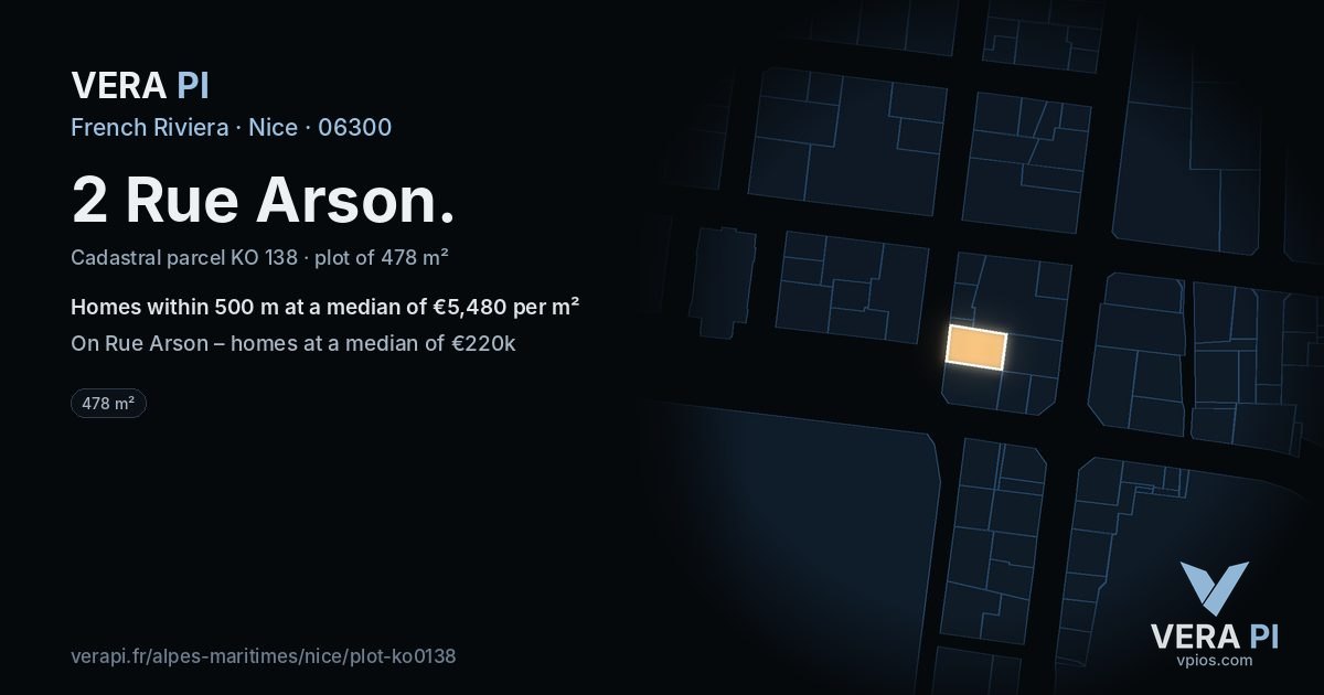 2 Rue Arson, Nice at night – the plot lit, the parcels around coloured by the prices near them