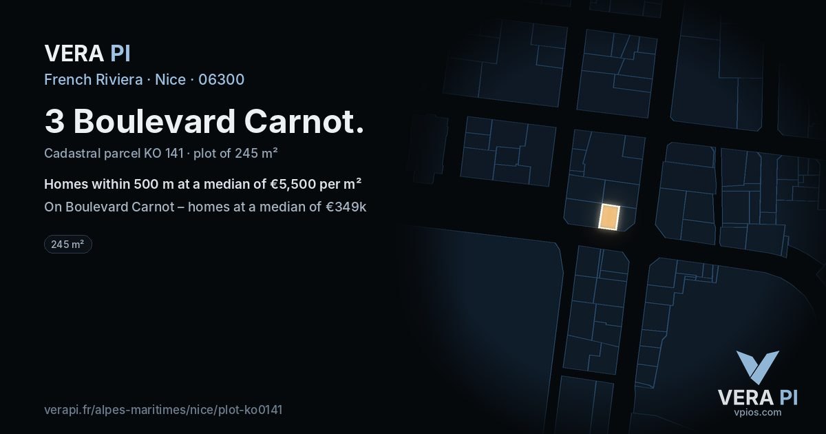3 Boulevard Carnot, Nice at night – the plot lit, the parcels around coloured by the prices near them