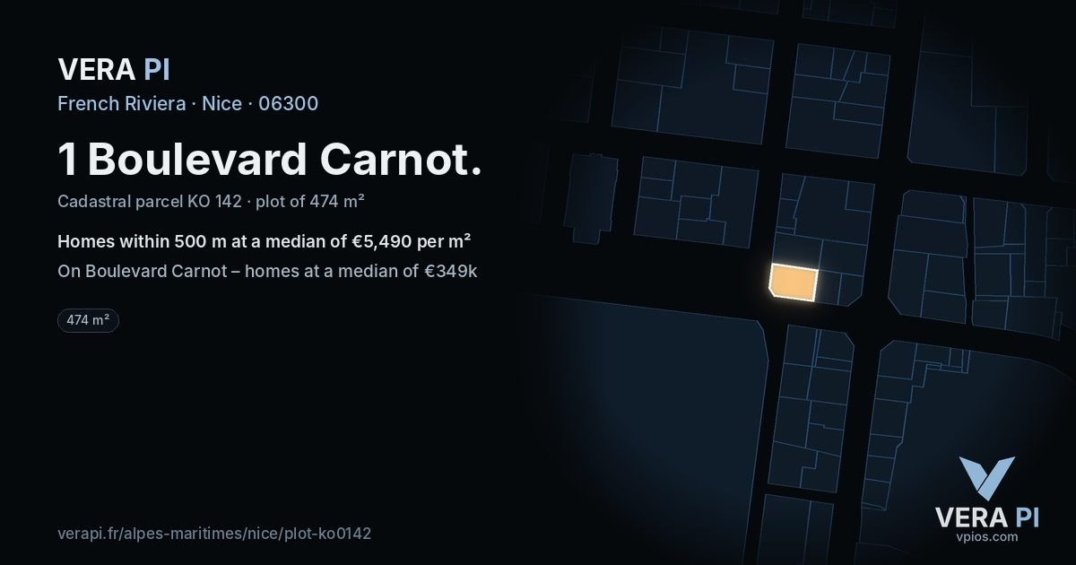 1 Boulevard Carnot, Nice at night – the plot lit, the parcels around coloured by the prices near them