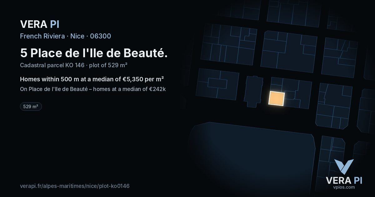 5 Place de l'Ile de Beauté, Nice at night – the plot lit, the parcels around coloured by the prices near them