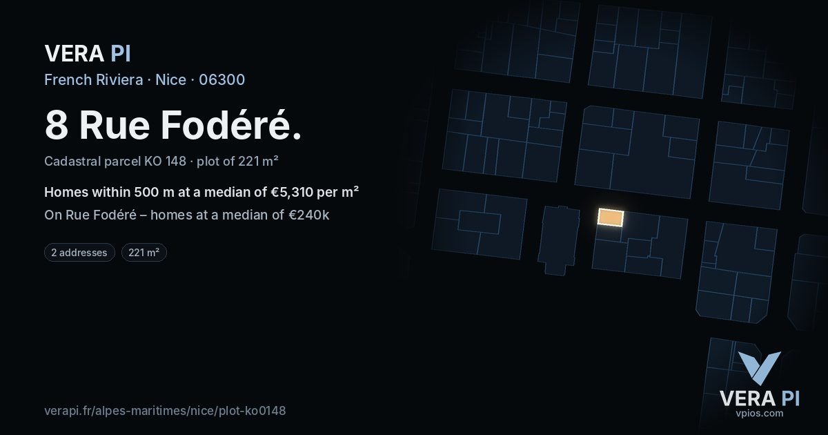 8 Rue Fodéré, Nice at night – the plot lit, the parcels around coloured by the prices near them
