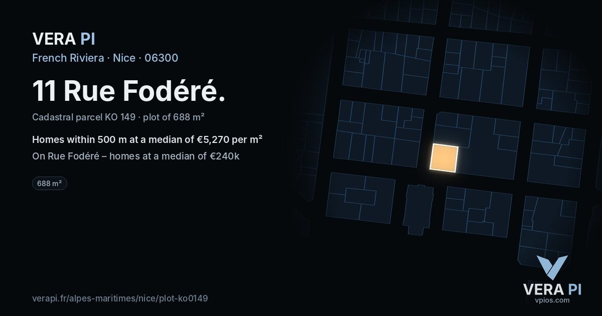 11 Rue Fodéré, Nice at night – the plot lit, the parcels around coloured by the prices near them
