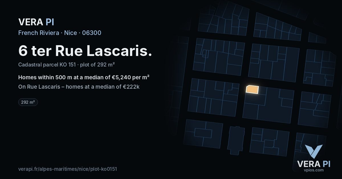 6 ter Rue Lascaris, Nice at night – the plot lit, the parcels around coloured by the prices near them