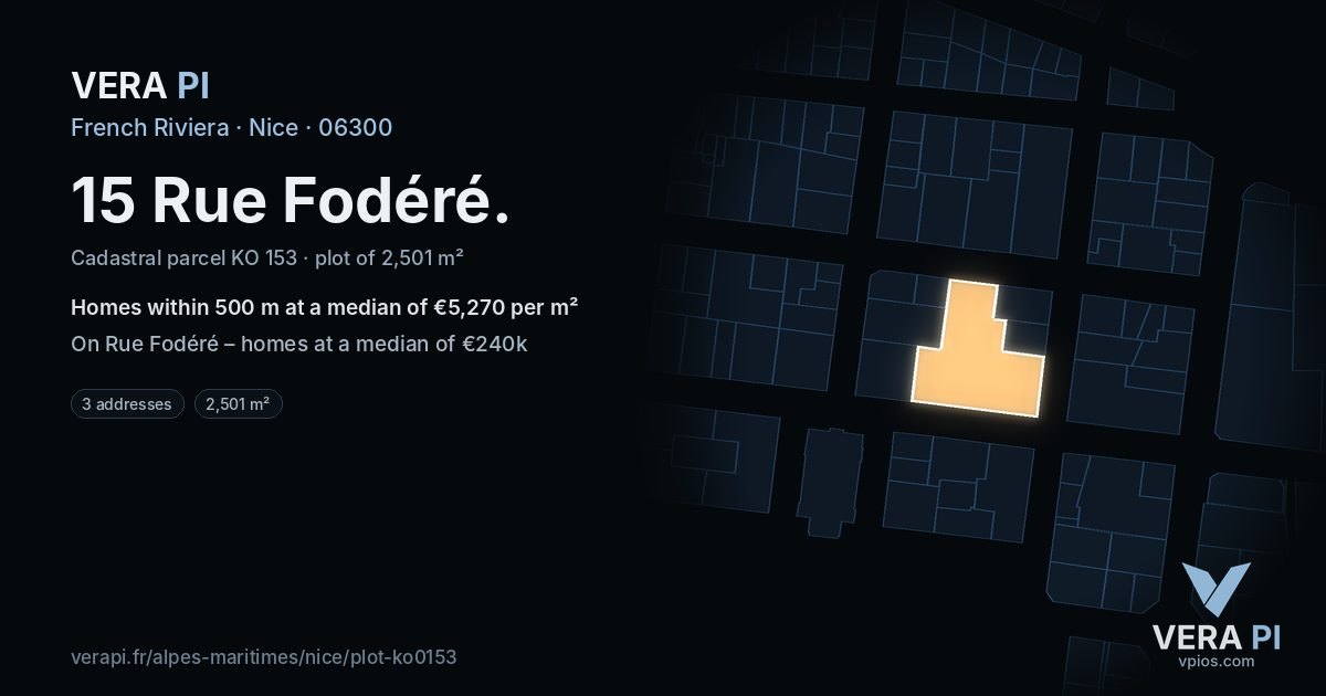 15 Rue Fodéré, Nice at night – the plot lit, the parcels around coloured by the prices near them