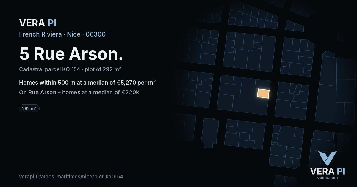 5 Rue Arson, Nice at night – the plot lit, the parcels around coloured by the prices near them