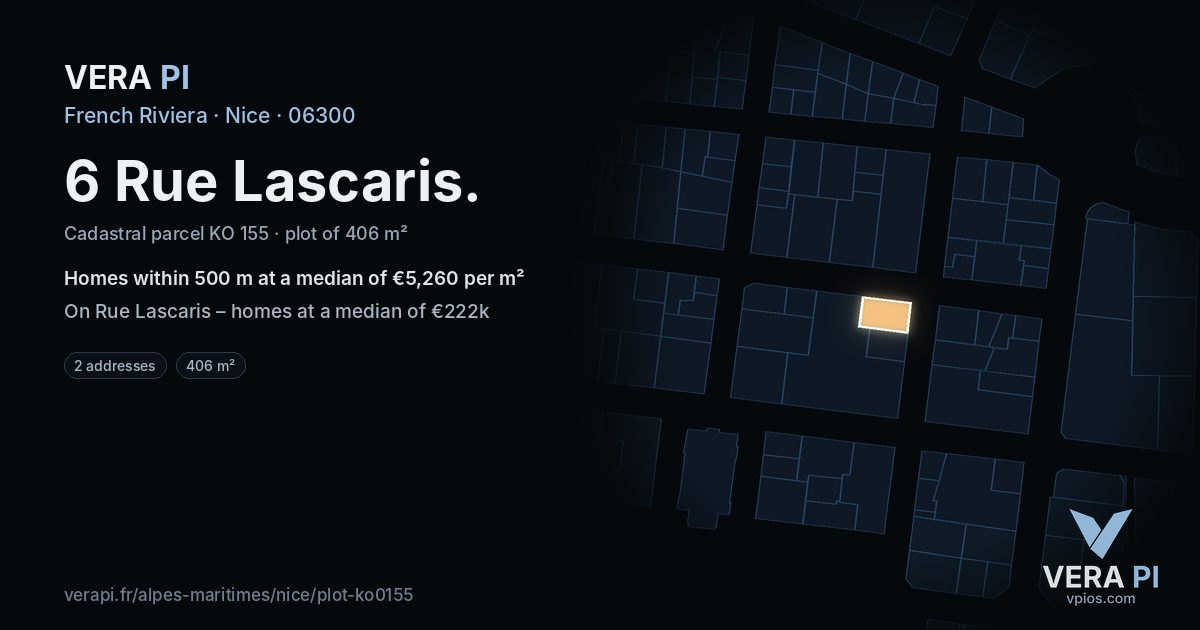 6 Rue Lascaris, Nice at night – the plot lit, the parcels around coloured by the prices near them