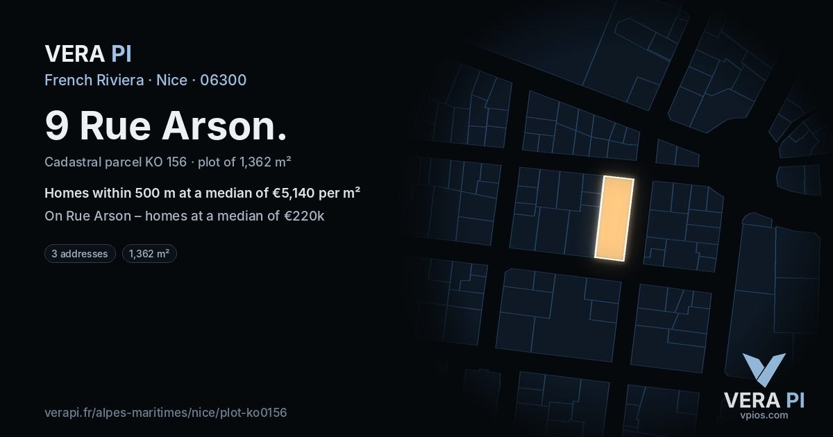 9 Rue Arson, Nice at night – the plot lit, the parcels around coloured by the prices near them