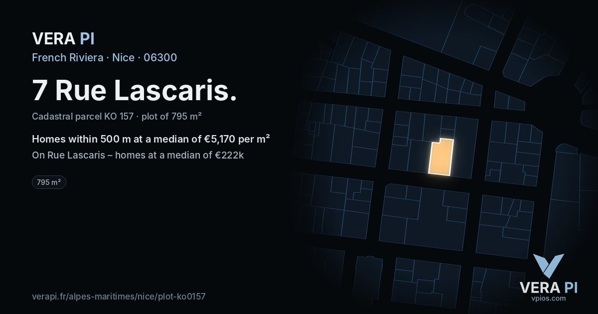 7 Rue Lascaris, Nice at night – the plot lit, the parcels around coloured by the prices near them