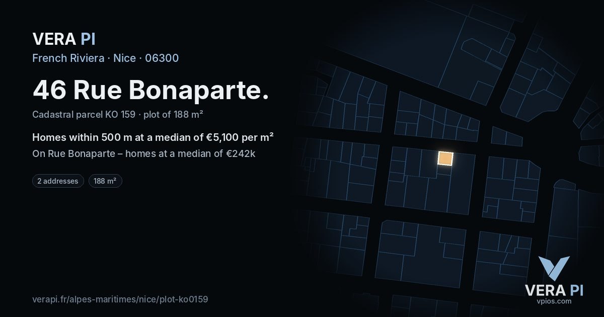 46 Rue Bonaparte, Nice at night – the plot lit, the parcels around coloured by the prices near them