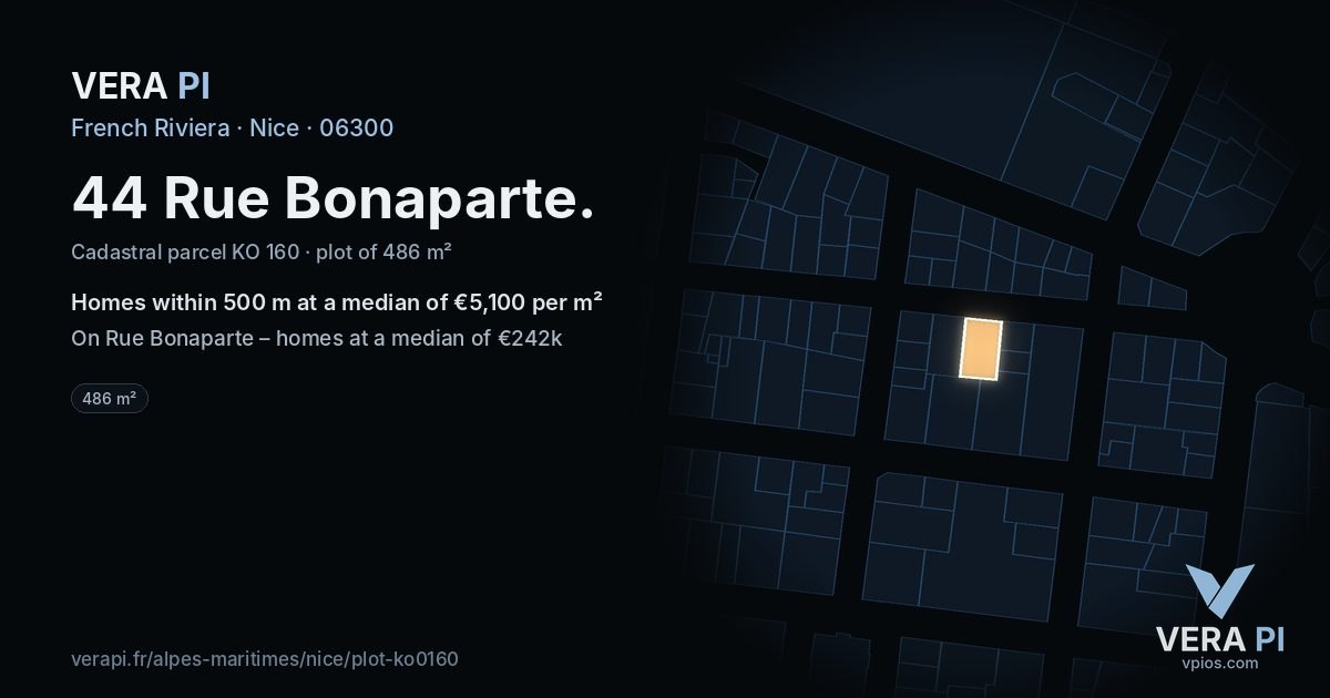 44 Rue Bonaparte, Nice at night – the plot lit, the parcels around coloured by the prices near them