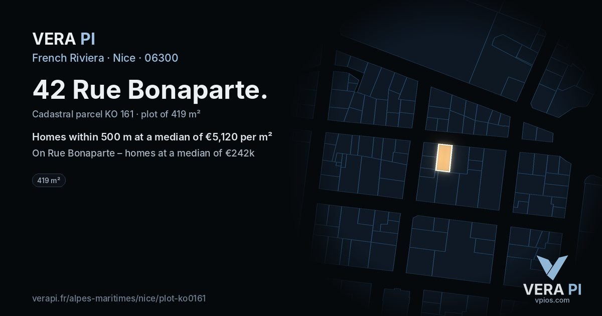 42 Rue Bonaparte, Nice at night – the plot lit, the parcels around coloured by the prices near them