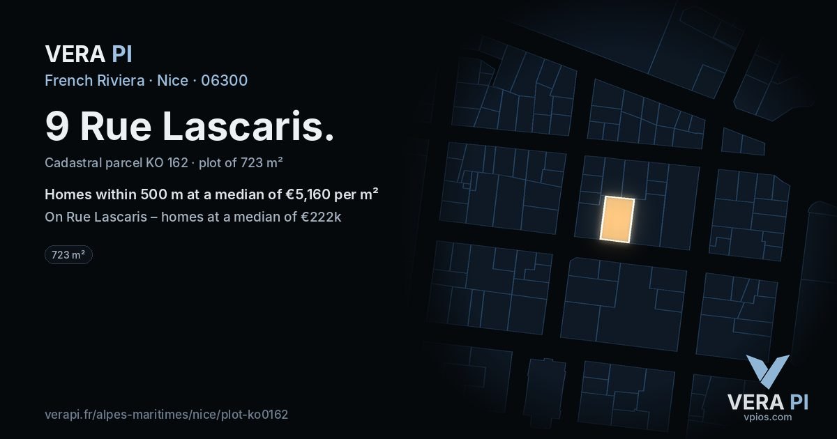 9 Rue Lascaris, Nice at night – the plot lit, the parcels around coloured by the prices near them