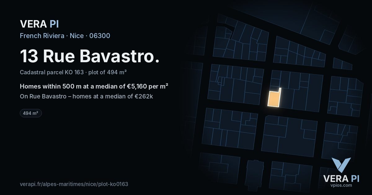 13 Rue Bavastro, Nice at night – the plot lit, the parcels around coloured by the prices near them