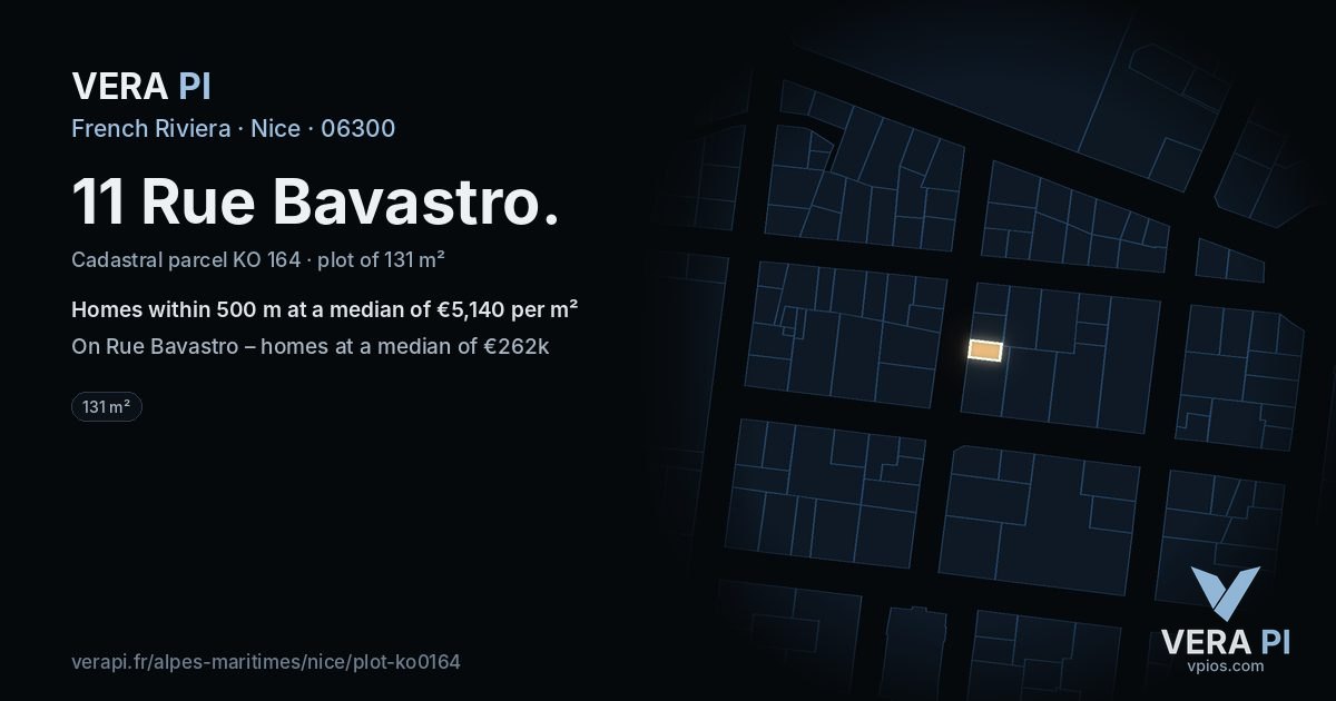 11 Rue Bavastro, Nice at night – the plot lit, the parcels around coloured by the prices near them
