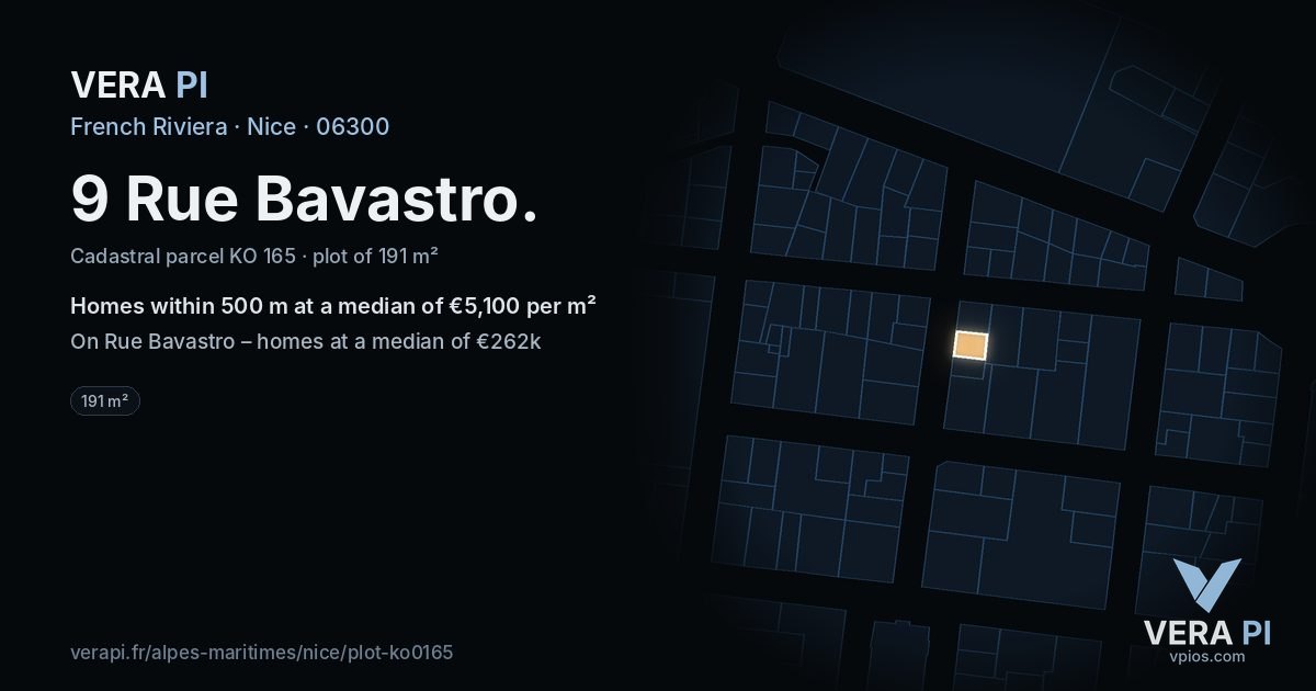 9 Rue Bavastro, Nice at night – the plot lit, the parcels around coloured by the prices near them