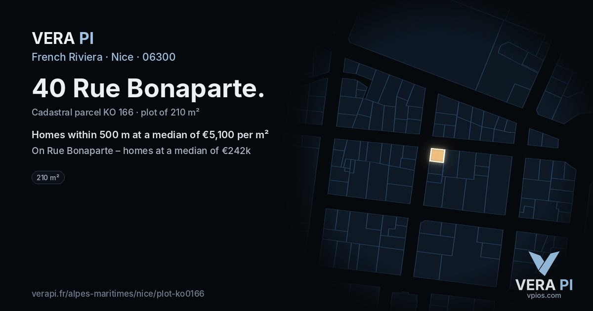 40 Rue Bonaparte, Nice at night – the plot lit, the parcels around coloured by the prices near them