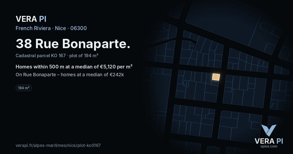38 Rue Bonaparte, Nice at night – the plot lit, the parcels around coloured by the prices near them