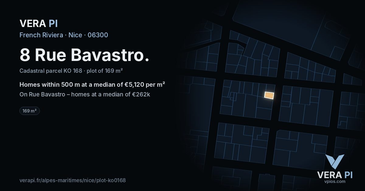 8 Rue Bavastro, Nice at night – the plot lit, the parcels around coloured by the prices near them