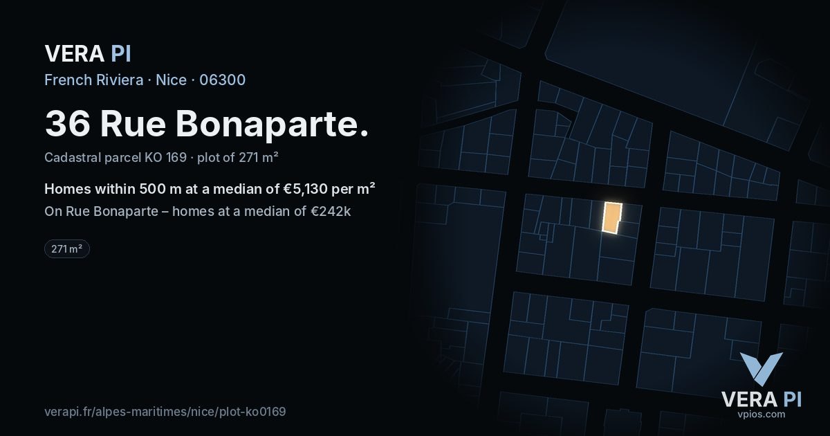36 Rue Bonaparte, Nice at night – the plot lit, the parcels around coloured by the prices near them