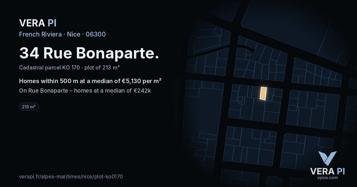34 Rue Bonaparte, Nice at night – the plot lit, the parcels around coloured by the prices near them
