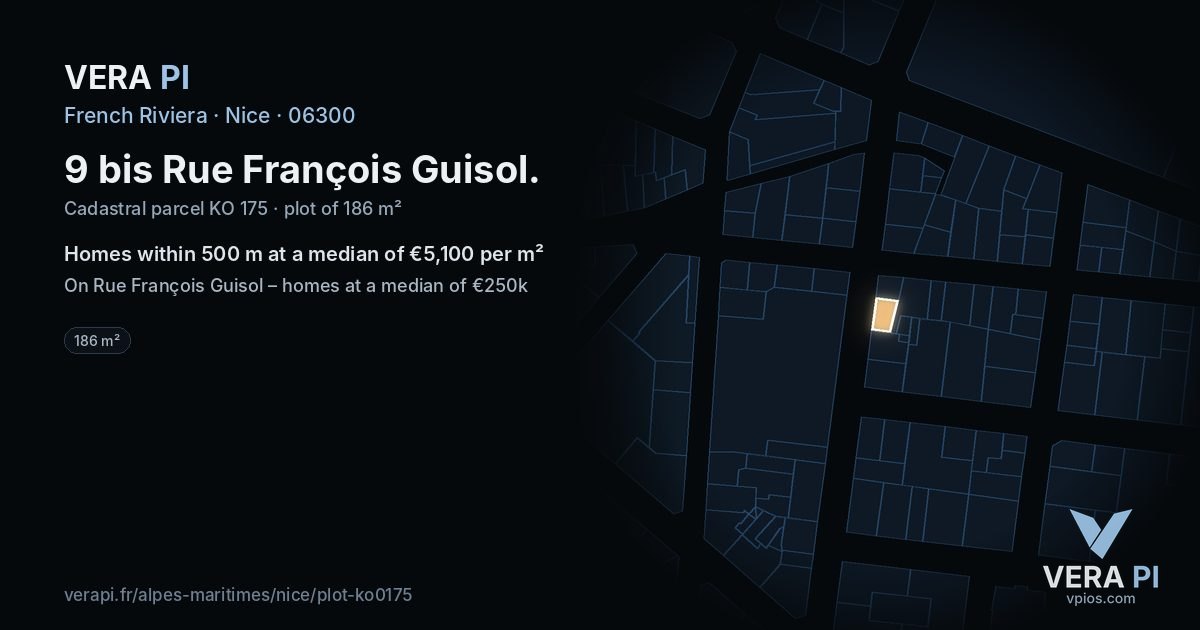 9 bis Rue François Guisol, Nice at night – the plot lit, the parcels around coloured by the prices near them